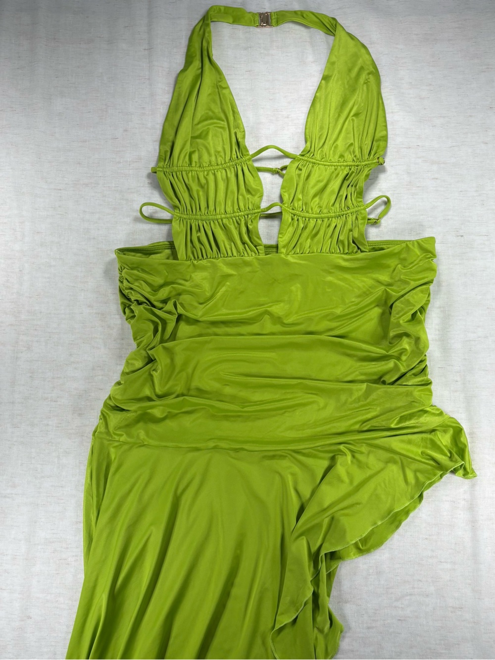 Oh Polly Manami Asymmetric Cut-Out Halterneck Midaxi Dress in Lime Green